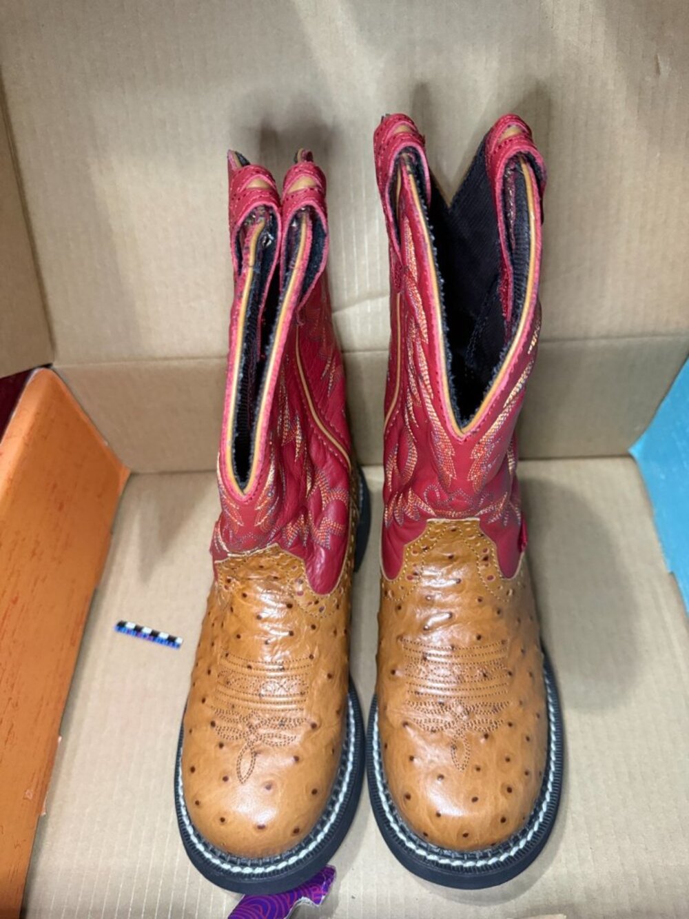 Justin Womens 6B Gypsy Casual Boot Cognac Ostrich Print Leather Foot Red Cow Top